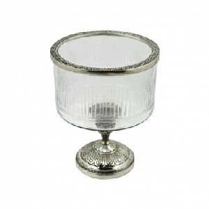 PECA DECORATIVA DE VIDRO TRANSPARENTE COM BASE METAL PRATA