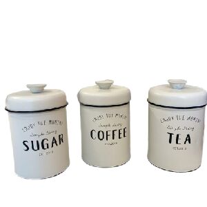 CJ 3 P&Ccedil;S DE METAL PARA CAFE, CHA E A&Ccedil;&Uacute;CAR BRANCO 10X15CM