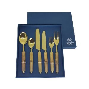 CJ 6 TALHERES EM A&Ccedil;O INOX COM CABO EM BAMBU DOURADO 5X23CM