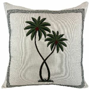 ALMOFADA LINHO CRU COM BORDADO FINO COQUEIRO VERDE