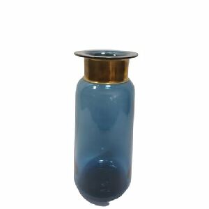 VASO VIDRO AZUL ALTO C/ METAL PRATA NA BORDA