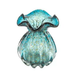 VASO DECOR EM VIDRO - AZUL E DOURADO 17X14CM