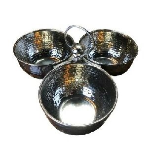 PETISQUEIRA DE METAL PRATA COM 3 BOWLS UNIDOS