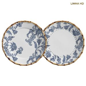 CJ 6 PRATOS RASOS FLOWER'S PRINT AZUL 27,5CM