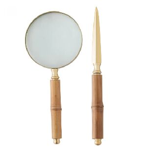 CJ ABRIDOR DE CARTA E LUPA A&Ccedil;O INOX C/CABO BAMBU DOURADO