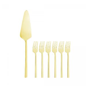 CJ 7 PECAS ESPATULA PARA BOLO E 6 GARFOS PARA SOBREMESA FIRENZE DOURADO A&Ccedil;O INOX