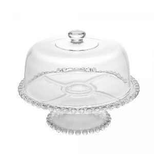 PRATO P/BOLO COM P&Eacute; CRISTAL E TAMPA PEARL 31X25CM