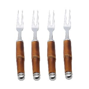 CONJ 4 GARFOS PETISCO A&Ccedil;O INOX C/CABO DE BAMBU